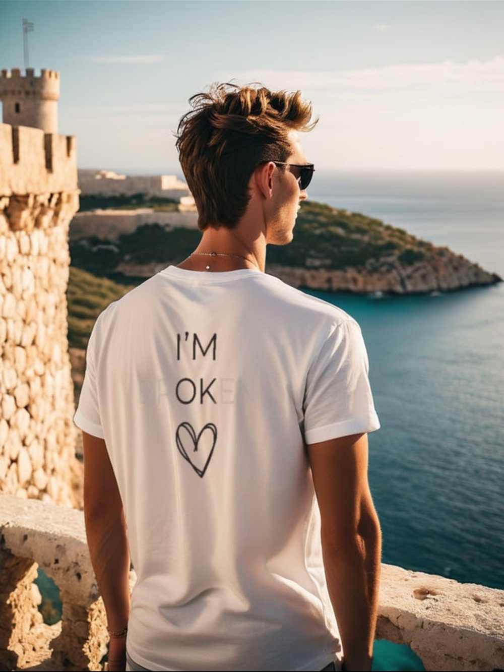 Men's White Graphic T-Shirt - 'I'm Broken' Heart Print - Picture 3 of 4
